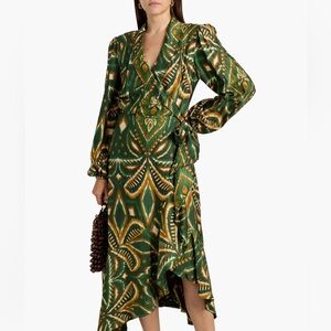 Farm Rio green Ikat print long sleeve midi wrap dress - XS NWT